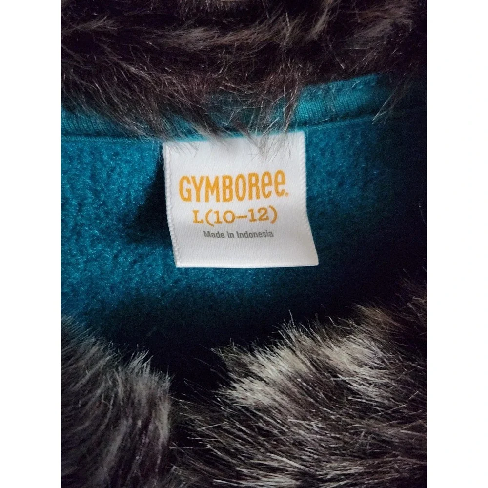 Gymboree Girls Blue Green Zip Faux Fur Collar Fleece Jacket Coat‎ Large 10-12